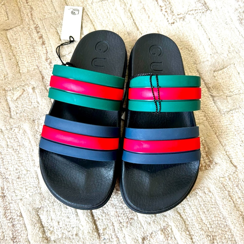 NWT Authentic Gucci Signature Green/Blue/Red Double Web Slippers Men 5 Women 8